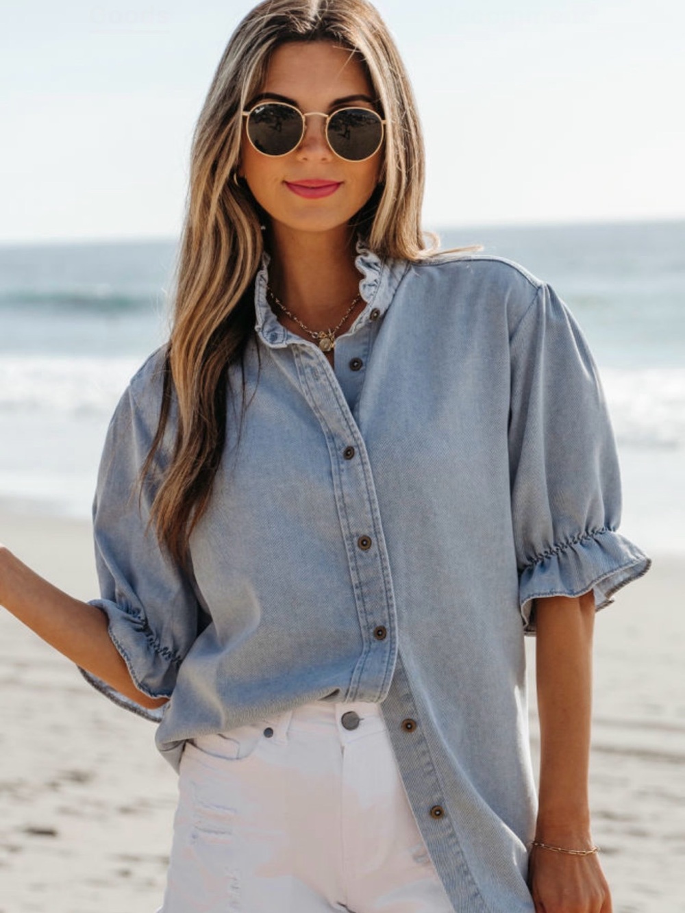 Ruffle short puff sleeve Women's Top - Picture 3 of 7